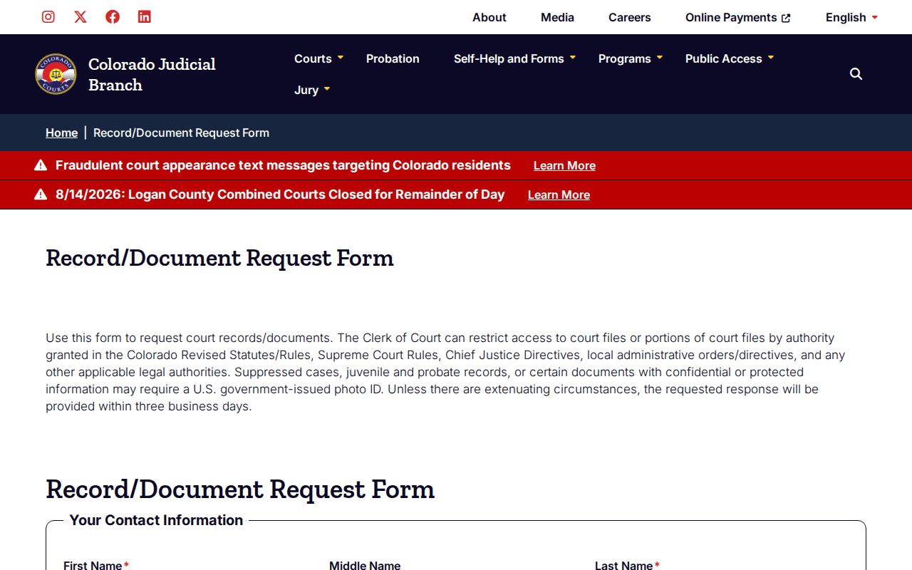Douglas County court record search request form